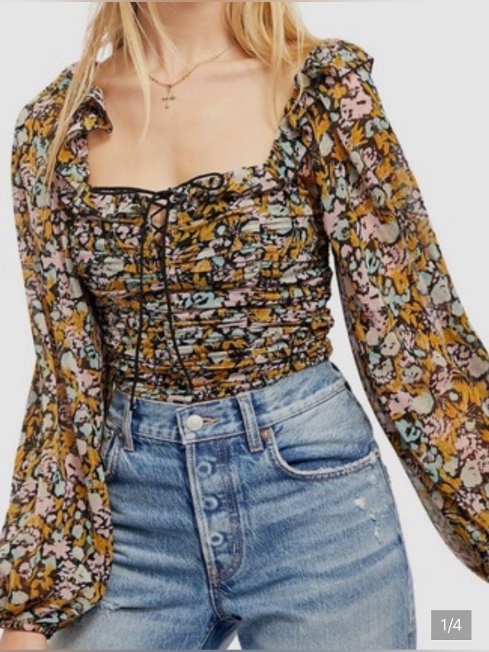 Free People Mabel printed blouse with balloon sleeves, XS